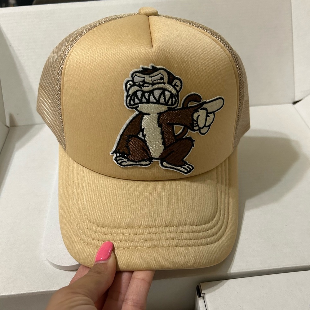 Tan Monkey Embroidered Trucker Hat